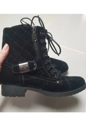 G by Guess Black Velvet Quilted  Combat Boots 6